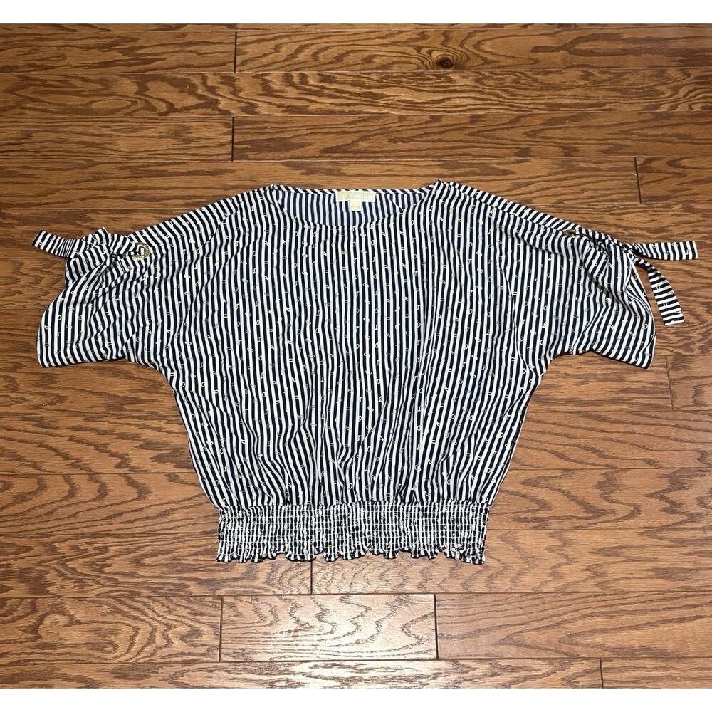 Michael Kors White/Navy Stripe Boat Neck Dolman Tie Sleeve Smock Hemline, Sz L